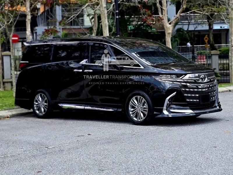 Black Toyota Alphard 2024 with Traveller Transportation branding