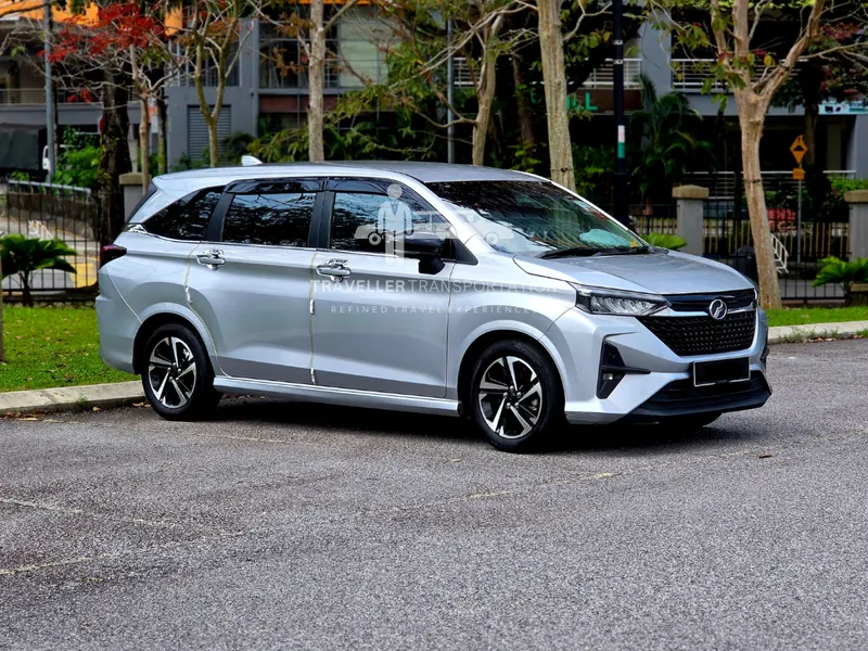 Silver Perodua Alza, front three-quarter view
