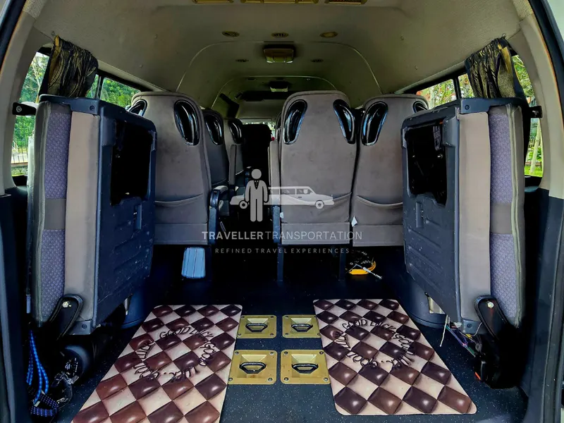 Tour van seating seen from the rear door
